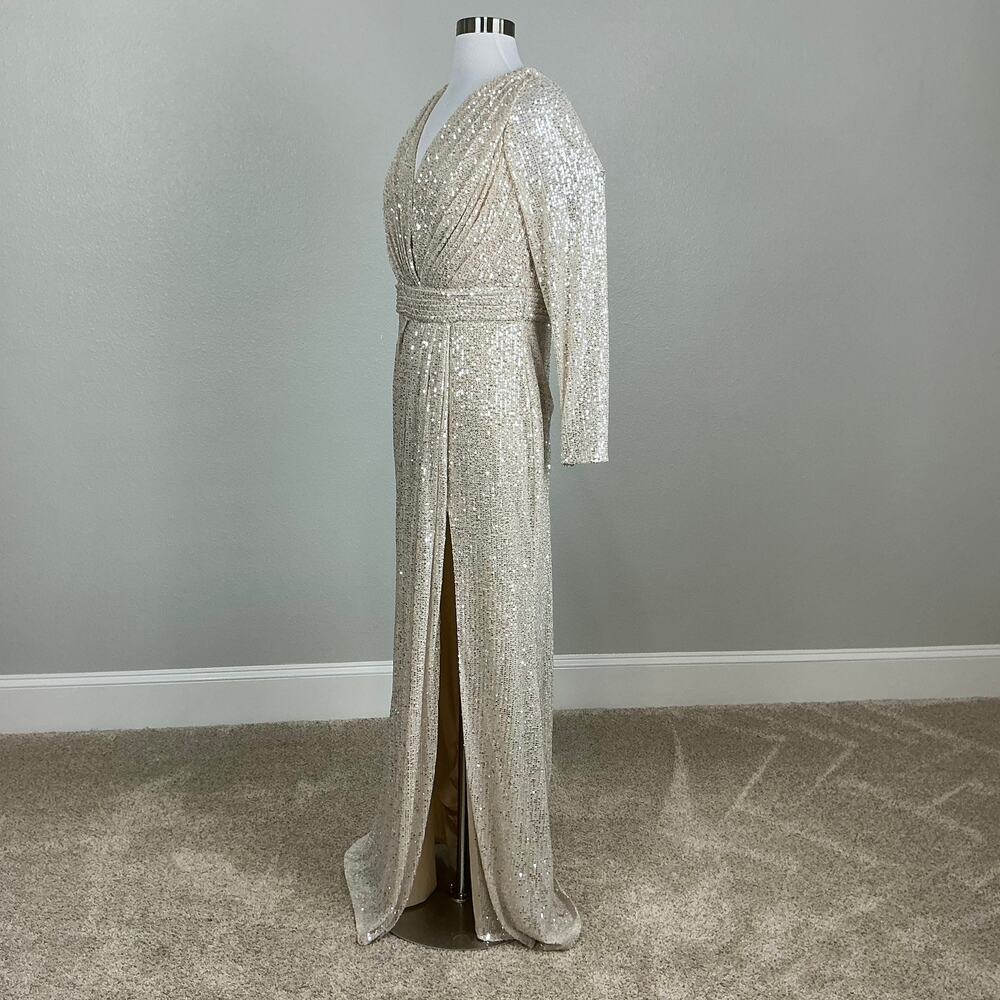 Mac Duggal 26490 Champagne Silver Evening Gown Sequined Long Sleeve Dress Size 6 - Picture 5 of 11
